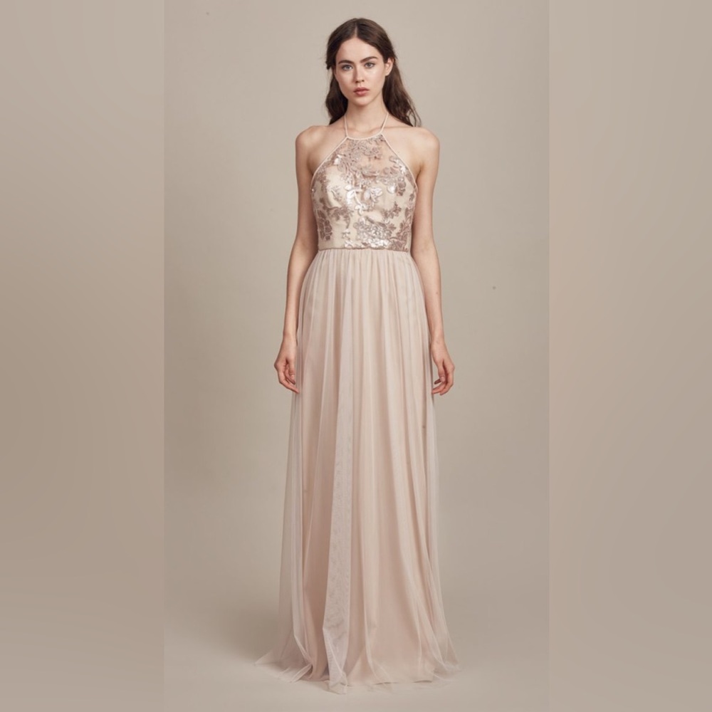 AMSALE beige Formal halter top gown champagne sequin & beige tulle maxi dress